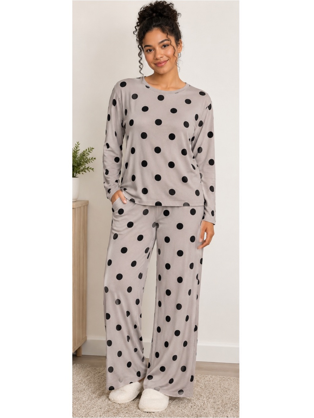 H&M Taupe Polka Dot Pajama Set Sz S Long Sleeve Wide Leg Cotton PJs